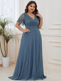 Glitter Short Sleeve A-Line V-Neck Empire-Waist Pleated Bridesmaid Dress