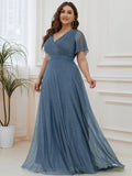 A-Line Plus Size Empire-Waist V-Neck Formal Evening Dress With Short Sleeves