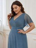 A-Line Plus Size Empire-Waist V-Neck Formal Evening Dress With Short Sleeves