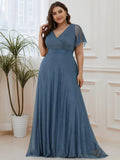 A-Line Plus Size Empire-Waist V-Neck Formal Evening Dress With Short Sleeves
