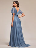 A-Line Glitter V-Neck Short Sleeve Pleated Wedding Guest Dress