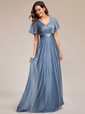 Glitter Short Sleeve A-Line V-Neck Empire-Waist Pleated Bridesmaid Dress
