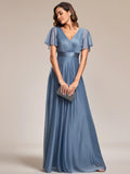 Glitter Short Sleeve A-Line V-Neck Empire-Waist Pleated Bridesmaid Dress