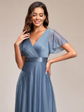 Glitter Short Sleeve A-Line V-Neck Empire-Waist Pleated Bridesmaid Dress
