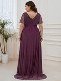 A-Line Plus Size Empire-Waist V-Neck Formal Evening Dress With Short Sleeves