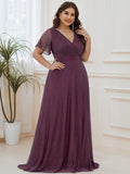 A-Line Plus Size Empire-Waist V-Neck Formal Evening Dress With Short Sleeves