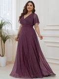 A-Line Plus Size Empire-Waist V-Neck Formal Evening Dress With Short Sleeves