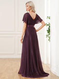 Glitter Short Sleeve A-Line V-Neck Empire-Waist Pleated Bridesmaid Dress