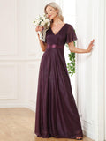 Glitter Short Sleeve A-Line V-Neck Empire-Waist Pleated Bridesmaid Dress