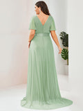 A-Line Plus Size Empire-Waist V-Neck Formal Evening Dress With Short Sleeves