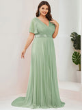 A-Line Plus Size Empire-Waist V-Neck Formal Evening Dress With Short Sleeves