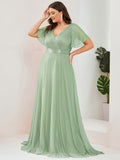 A-Line Plus Size Empire-Waist V-Neck Formal Evening Dress With Short Sleeves