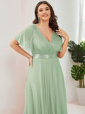 A-Line Plus Size Empire-Waist V-Neck Formal Evening Dress With Short Sleeves