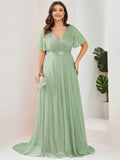 A-Line Plus Size Empire-Waist V-Neck Formal Evening Dress With Short Sleeves