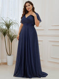 A-Line Plus Size Empire-Waist V-Neck Formal Evening Dress With Short Sleeves