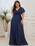 A-Line Plus Size Empire-Waist V-Neck Formal Evening Dress With Short Sleeves