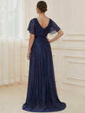 A-Line Glitter V-Neck Short Sleeve Pleated Wedding Guest Dress