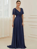 A-Line Glitter V-Neck Short Sleeve Pleated Wedding Guest Dress