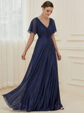 Glitter Short Sleeve A-Line V-Neck Empire-Waist Pleated Bridesmaid Dress