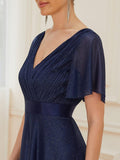 A-Line Glitter V-Neck Short Sleeve Pleated Wedding Guest Dress