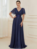 Glitter Short Sleeve A-Line V-Neck Empire-Waist Pleated Bridesmaid Dress