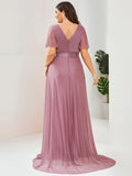 Glitter Short Sleeve A-Line V-Neck Empire-Waist Pleated Bridesmaid Dress