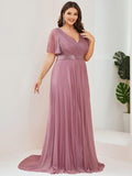 A-Line Plus Size Empire-Waist V-Neck Formal Evening Dress With Short Sleeves
