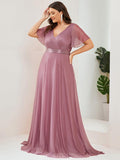 A-Line Plus Size Empire-Waist V-Neck Formal Evening Dress With Short Sleeves
