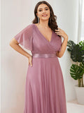 A-Line Plus Size Empire-Waist V-Neck Formal Evening Dress With Short Sleeves