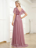 A-Line Glitter V-Neck Short Sleeve Pleated Wedding Guest Dress