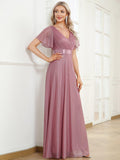 A-Line Glitter V-Neck Short Sleeve Pleated Wedding Guest Dress