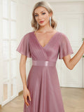 A-Line Glitter V-Neck Short Sleeve Pleated Wedding Guest Dress