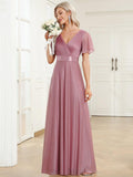 Glitter Short Sleeve A-Line V-Neck Empire-Waist Pleated Bridesmaid Dress
