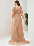 A-Line Plus Size Empire-Waist V-Neck Formal Evening Dress With Short Sleeves