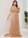 A-Line Plus Size Empire-Waist V-Neck Formal Evening Dress With Short Sleeves