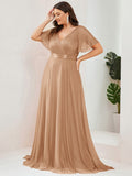 A-Line Plus Size Empire-Waist V-Neck Formal Evening Dress With Short Sleeves