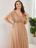 A-Line Plus Size Empire-Waist V-Neck Formal Evening Dress With Short Sleeves