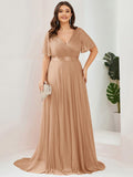 A-Line Plus Size Empire-Waist V-Neck Formal Evening Dress With Short Sleeves