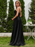 Spaghetti Straps Glitter A-Line High Slit Sleeveless Cowl Neck Evening Dress