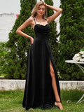 Spaghetti Straps Glitter A-Line High Slit Sleeveless Cowl Neck Evening Dress