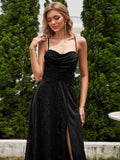 Spaghetti Straps Glitter A-Line High Slit Sleeveless Cowl Neck Evening Dress