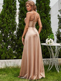 Spaghetti Straps Glitter A-Line High Slit Sleeveless Cowl Neck Evening Dress