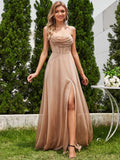 Spaghetti Straps Glitter A-Line High Slit Sleeveless Cowl Neck Evening Dress