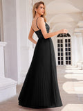 V-Neck A-Line Pleated Sleeveless Backless Formal Evening Dress with Sequins