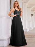 V-Neck A-Line Pleated Sleeveless Backless Formal Evening Dress with Sequins