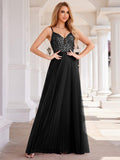 V-Neck A-Line Pleated Sleeveless Backless Formal Evening Dress with Sequins