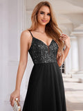 V-Neck A-Line Pleated Sleeveless Backless Formal Evening Dress with Sequins