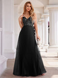 V-Neck A-Line Pleated Sleeveless Backless Formal Evening Dress with Sequins