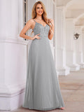 V-Neck A-Line Pleated Sleeveless Backless Formal Evening Dress with Sequins