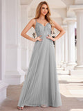 V-Neck A-Line Pleated Sleeveless Backless Formal Evening Dress with Sequins